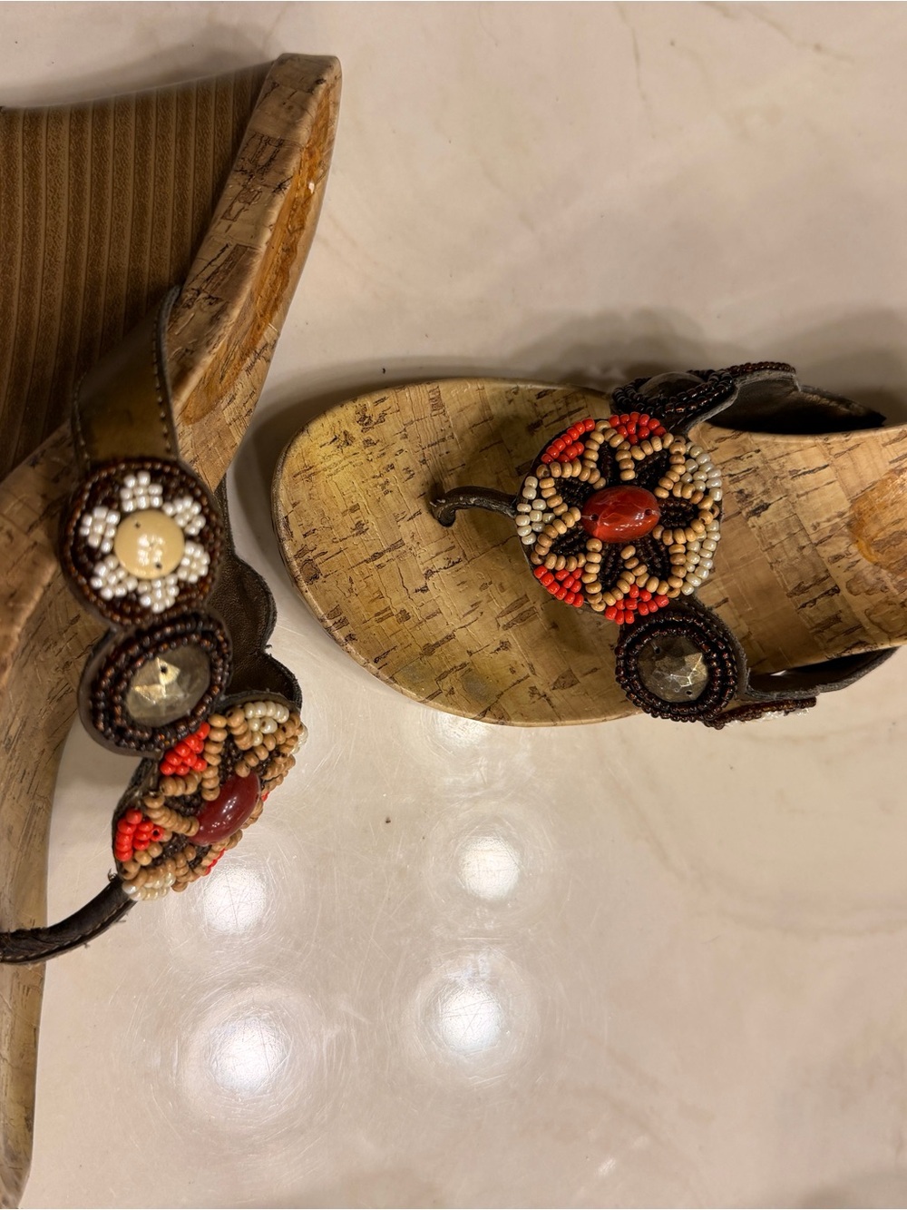 Unlisted Brown Wedge Sandals with Red, Beige & Cream Beadwork
